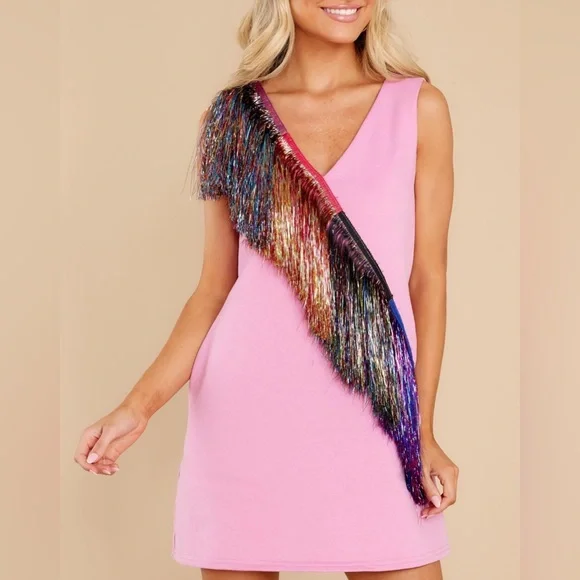 Queen of Sparkles Diagonal Metallic Pink Fringe Dress Small - Picture 2 of 13